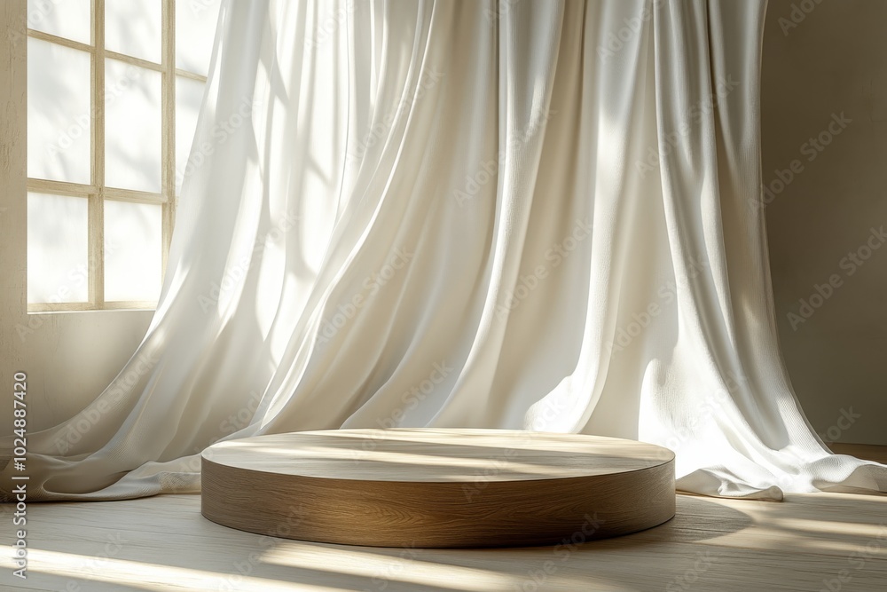 Wooden Podium with White Curtain and Sunlight Wooden Podium with White Curtain and Sunlight
