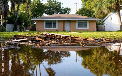 Suburban Florida home in the wake of a storm, scattered debris, damaged trees, and a flooded yard, the calm after destruction