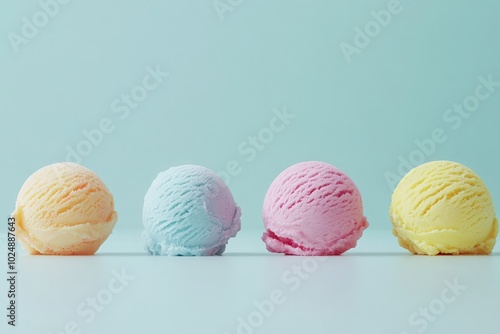 Four scoops of ice cream in vibrant colors rest on a clean, minimalist surface. The pastel hues create a delightful and inviting atmosphere, ideal for summer enjoyment.