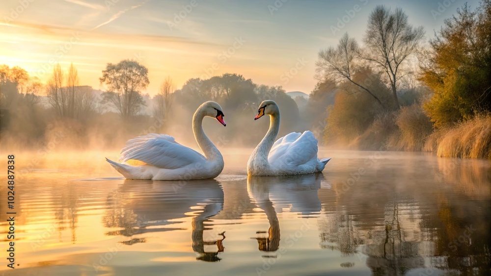 Serene Swans by Misty Lake at Sunrise Serene Swans by Misty Lake at Sunrise
