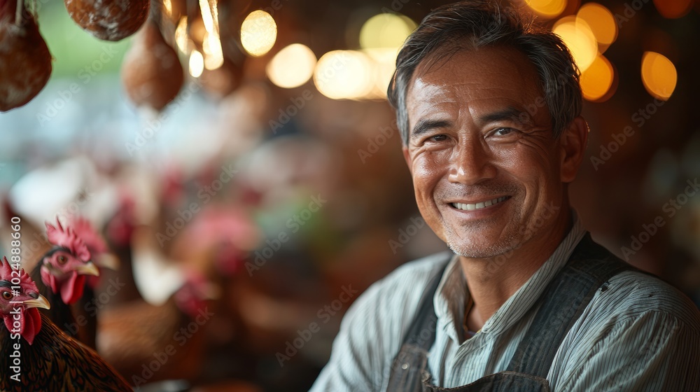 Man is standing in front of a group of chickens. He is smiling and he is happy. owner of a poultry farm with a gentle smile, managing the farm while not looking at camera. peaceful and warm atmosphere Man is standing in front of a group of chickens. He is smiling and he is happy. owner of a poultry farm with a gentle smile, managing the farm while not looking at camera. peaceful and warm atmosphere