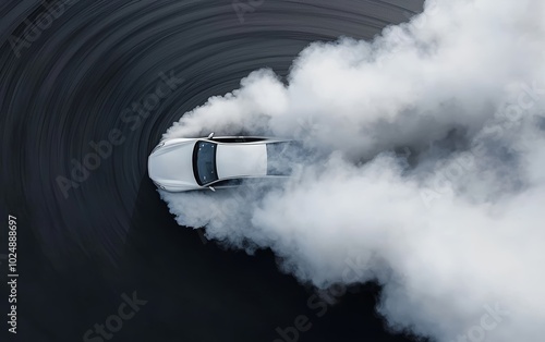 Top-down view of a car performing a high-speed drift, smoke billowing from tires, sharp curve on the track, exhilarating sense of motion photo