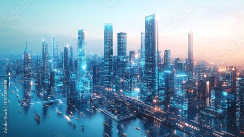 Wallpaper Mural A futuristic cityscape by the ocean, towering buildings with blue and white holographic accents, sleek bridges spanning across waterways, advanced public transport systems in motion, Torontodigital.ca