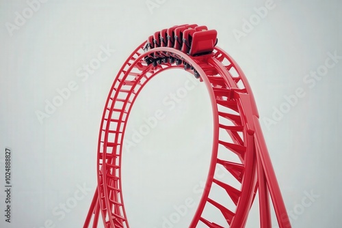 The rollercoaster soars high as it navigates a sharp loop, with riders experiencing an exhilarating rush at the amusement park on a sunny day.