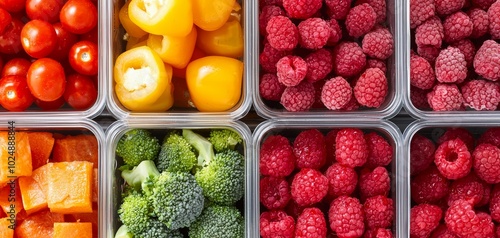 Transparent containers filled with fresh produce like tomatoes, raspberries, and broccoli, neatly arranged in the fridge, vibrant and organized food display photo