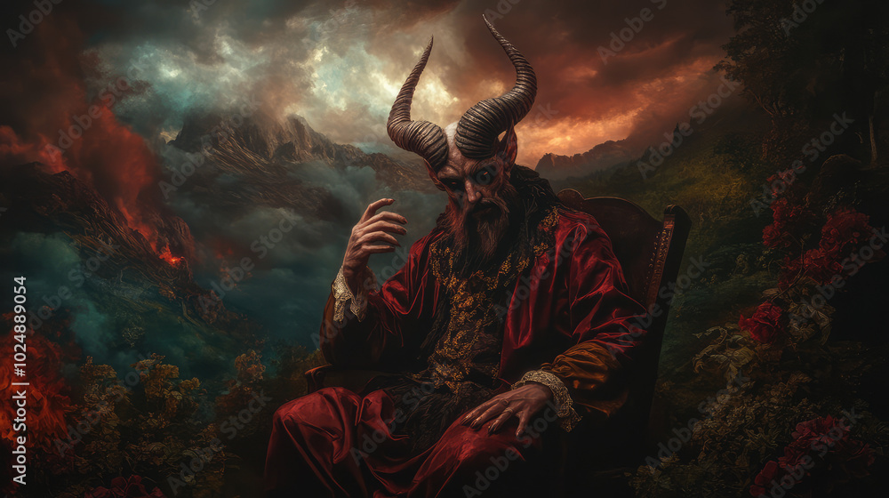 Fototapeta premium A devil depicted in a Renaissance painting, with elaborate features and classical attire, set against a backdrop of lush, dramatic landscapes and atmospheric lighting.