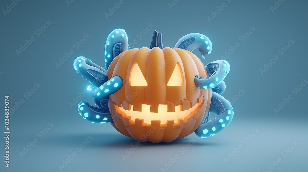 Fototapeta premium Glowing Deep Sea Creature Carved Pumpkin with Wrapping Tentacles - Halloween Decoration Concept