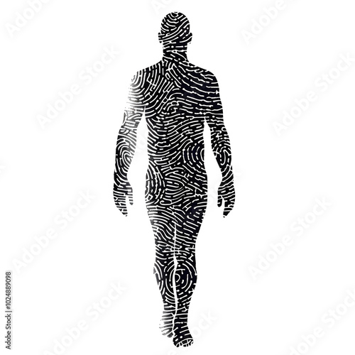 The unique human silhouette, with fingerprint patterns, symbolizes personal identity and biometrics creatively. It reflects individuality and uniqueness in an artistic way
