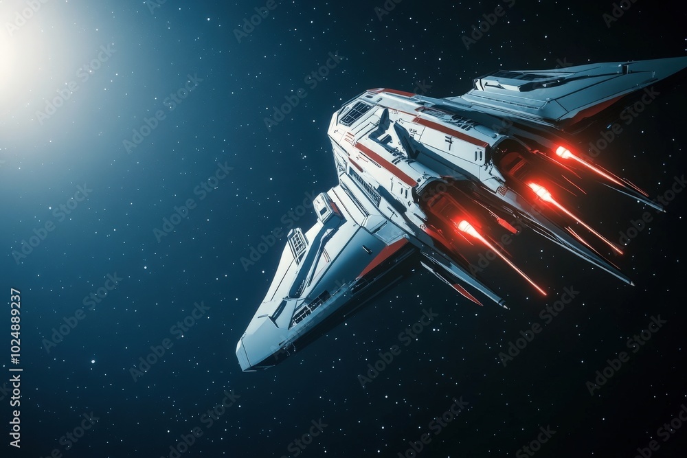 A sleek, futuristic spaceship navigates the depths of space, illuminated by glowing thrusters as it glides through the stars, embodying advanced technology and exploration. A sleek, futuristic spaceship navigates the depths of space, illuminated by glowing thrusters as it glides through the stars, embodying advanced technology and exploration.