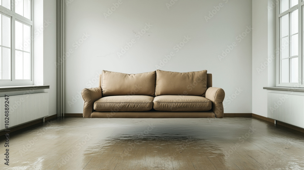 Minimalistic living room interior with a beige sofa on a wooden floor surrounded by white walls and large windows emitting natural light. Minimalistic living room interior with a beige sofa on a wooden floor surrounded by white walls and large windows emitting natural light.