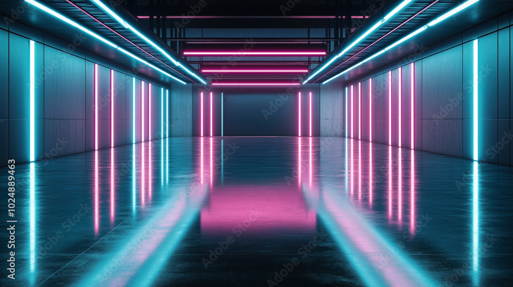 Futuristic neon-lit corridor with reflective floor, featuring blue and pink vertical light panels on the walls and ceiling. Futuristic neon-lit corridor with reflective floor, featuring blue and pink vertical light panels on the walls and ceiling.