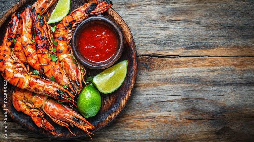 Grilled Shrimp with Lime and Sauce on Wooden Plate Grilled Shrimp with Lime and Sauce on Wooden Plate