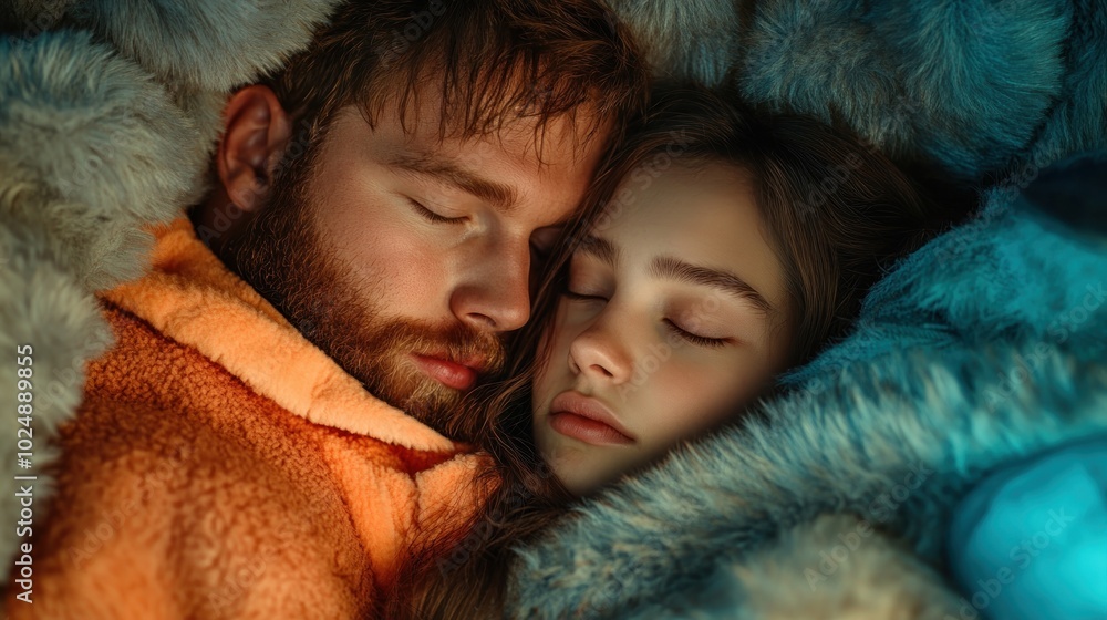 Romantic Couple Snuggling on a Fluffy Carpet, Wrapped in Love and Blankets, Intimate Moment of Togetherness Romantic Couple Snuggling on a Fluffy Carpet, Wrapped in Love and Blankets, Intimate Moment of Togetherness