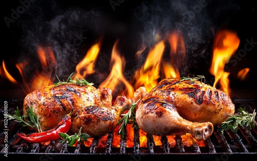 Whole chickens grilling over an open flame, crispy golden skin and smoke rising, surrounded by herbs and vegetables, intense barbecue scene photo