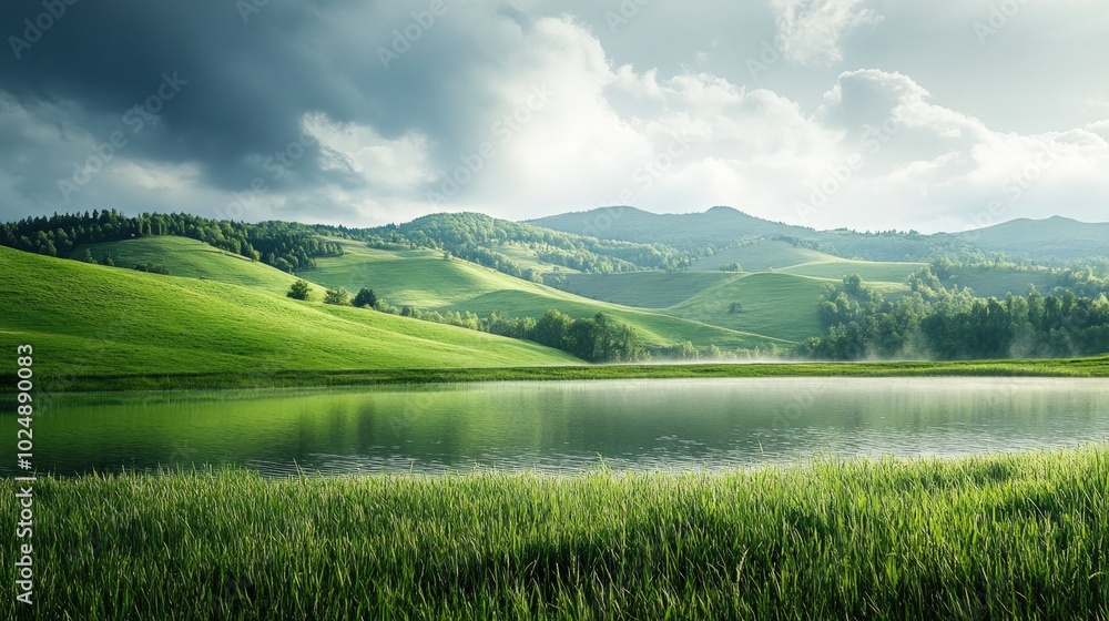 Fototapeta premium A scenic view of a tranquil lake surrounded by rolling green hills, with a misty atmosphere and a cloudy sky.