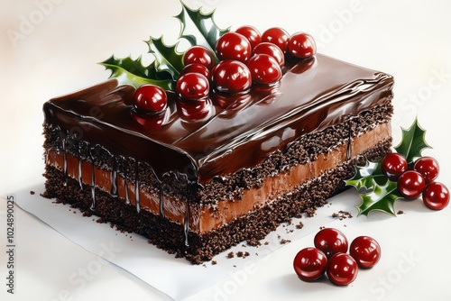 Pastel de chocolate con decoración de acebo y frutos rojos, ideal para la celebración de Navidad. 