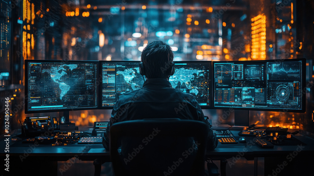 A high-tech cybersecurity control room, where experts monitor global networks, defending against data breaches and cyberattacks with advanced AI-driven security systems