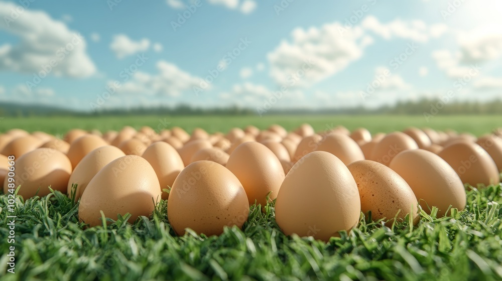 eggs laid in a natural environment with free-range chickens roaming, grassy pastures under blue sky eggs laid in a natural environment with free-range chickens roaming, grassy pastures under blue sky