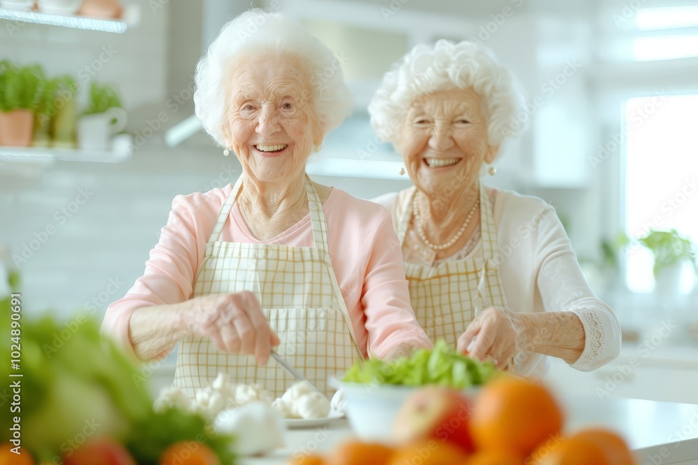 Two elderly women happily cooking together in a bright kitchen, enjoying their time. Two elderly women happily cooking together in a bright kitchen, enjoying their time.