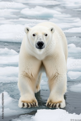 A polar bear walking on ice in a cold environment.