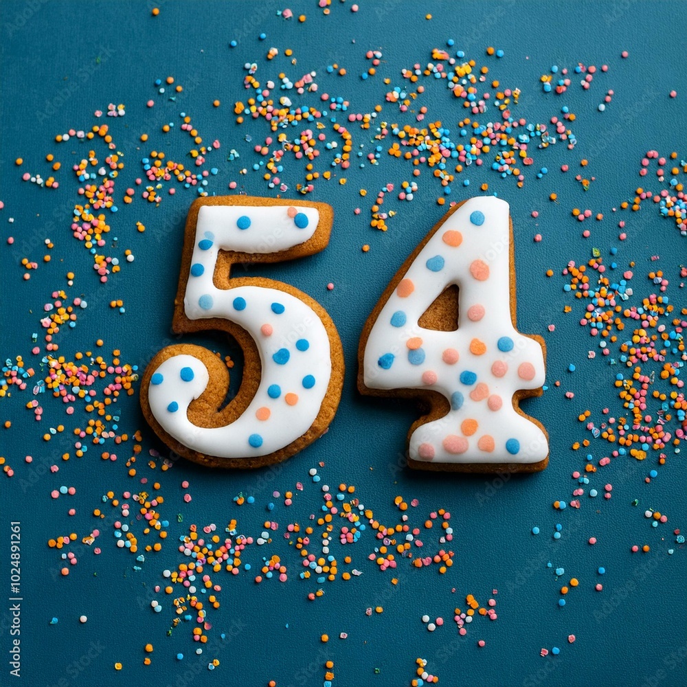 Decorated cookie, number 54, image for birthday or anniversary celebration Decorated cookie, number 54, image for birthday or anniversary celebration