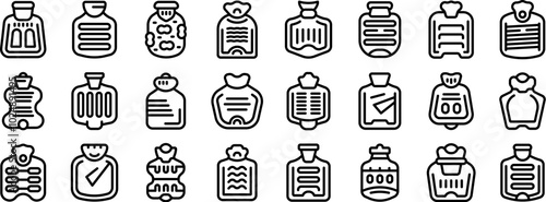 Rubber warmer icons set. This diverse icon set showcases various hot water bottles, highlighting different designs and styles