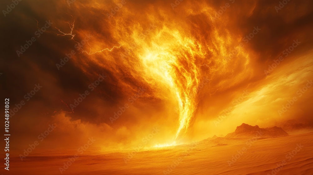 Obraz premium A fiery tornado with lightning strikes in the desert.