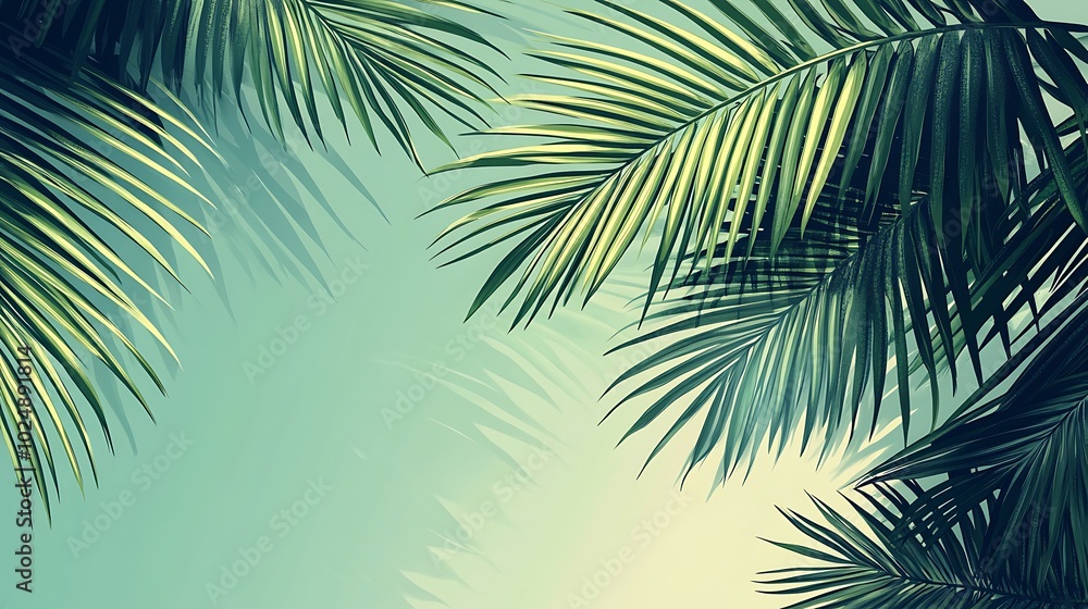 A minimalist vector illustration of palm fronds, bold and smooth lines, dark green color palette, placed on a pastel blue background, modern and sophisticated style, no additional elements, A minimalist vector illustration of palm fronds, bold and smooth lines, dark green color palette, placed on a pastel blue background, modern and sophisticated style, no additional elements,