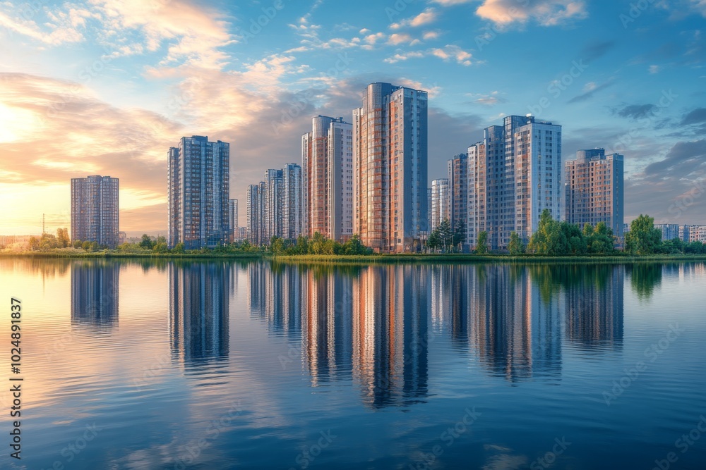 Fototapeta premium Modern Skyscrapers Reflected in a Calm Lake at Sunset