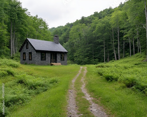 A quaint cabin nestled in a lush green landscape surrounded by trees.