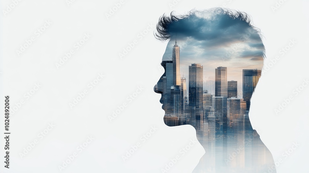 Profile silhouette of a man superimposed with skyscrapers under a stormy sky high contrast, on white background Profile silhouette of a man superimposed with skyscrapers under a stormy sky high contrast, on white background