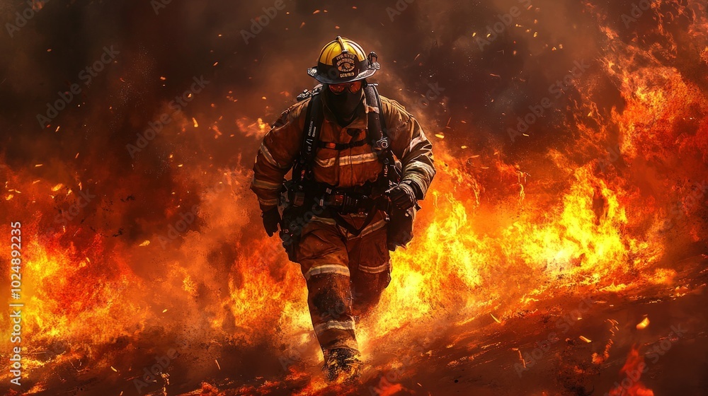A firefighter in full gear walks through a wall of flames, demonstrating bravery and determination. A firefighter in full gear walks through a wall of flames, demonstrating bravery and determination.