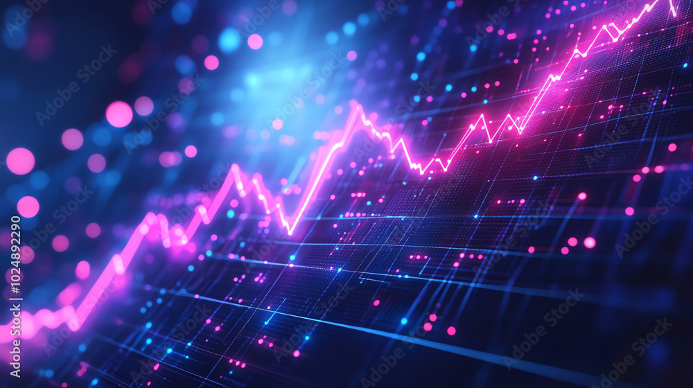 Neon blue data visualization, a bar graph with futuristic glowing lines, dots, and a digital background representing data growth. Neon blue data visualization, a bar graph with futuristic glowing lines, dots, and a digital background representing data growth.