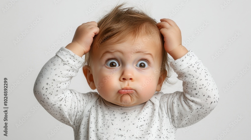 little confused baby with funny emotions on face on light solid background little confused baby with funny emotions on face on light solid background