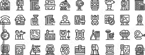 Geodetic equipment icons set. Surveyors equipment and geodesy icons set, outline style