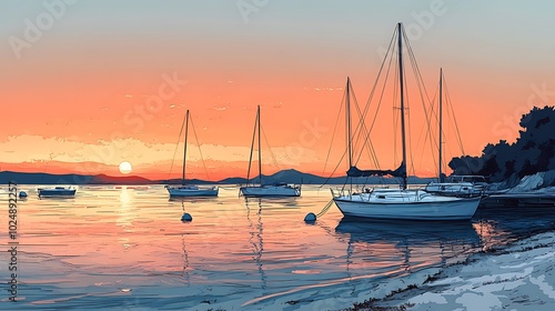 A nautical scene of a harbor at sunset, small boats moored in calm waters, gentle waves lapping against the shore, soft orange and pink tones in the sky, fine line work with a serene,