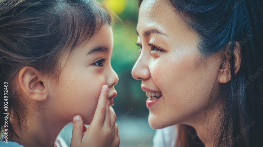 Daughter whispering to her mom, close-up moment with minimal background, focusing on their interaction. Daughter whispering to her mom, close-up moment with minimal background, focusing on their interaction.
