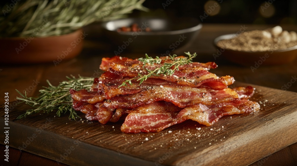Crispy Bacon Strips on Wooden Surface with Herbs Crispy Bacon Strips on Wooden Surface with Herbs