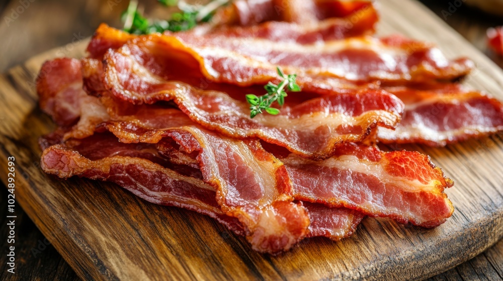 Crispy Bacon on Wooden Cutting Board Crispy Bacon on Wooden Cutting Board