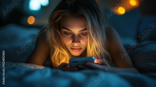 Close-up of a woman using a smartphone laying on bed in a dimly lit room, with screen light on her face