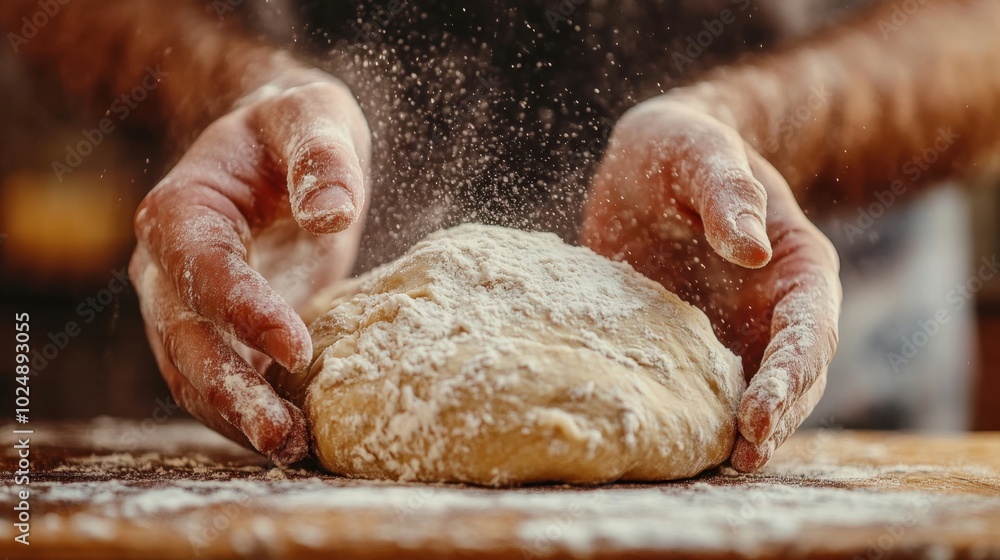 Fototapeta premium Close-up of hands kneading dough on a wooden surface, with flour dusting in the air, soft focused bread