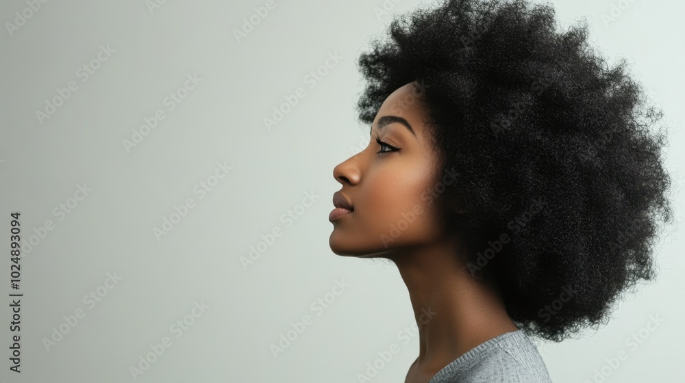Profile of a young woman with natural hair, side view against a plain background, minimalistic portrait. Profile of a young woman with natural hair, side view against a plain background, minimalistic portrait.