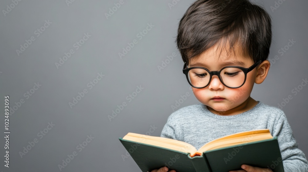 Child with glasses reading a book, isolated on a plain background, emphasizing education. Child with glasses reading a book, isolated on a plain background, emphasizing education.