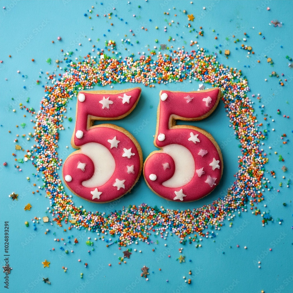 Decorated cookie, number 55, image for birthday or anniversary celebration Decorated cookie, number 55, image for birthday or anniversary celebration