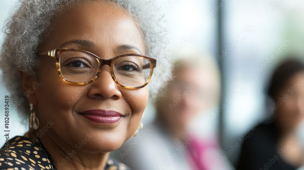 Senior businesswoman in office in meeting room with coworkers, close up, blurred coworkers Senior businesswoman in office in meeting room with coworkers, close up, blurred coworkers