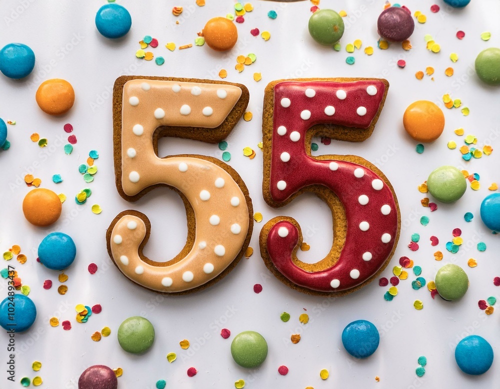 Decorated cookie, number 55, image for birthday or anniversary celebration Decorated cookie, number 55, image for birthday or anniversary celebration
