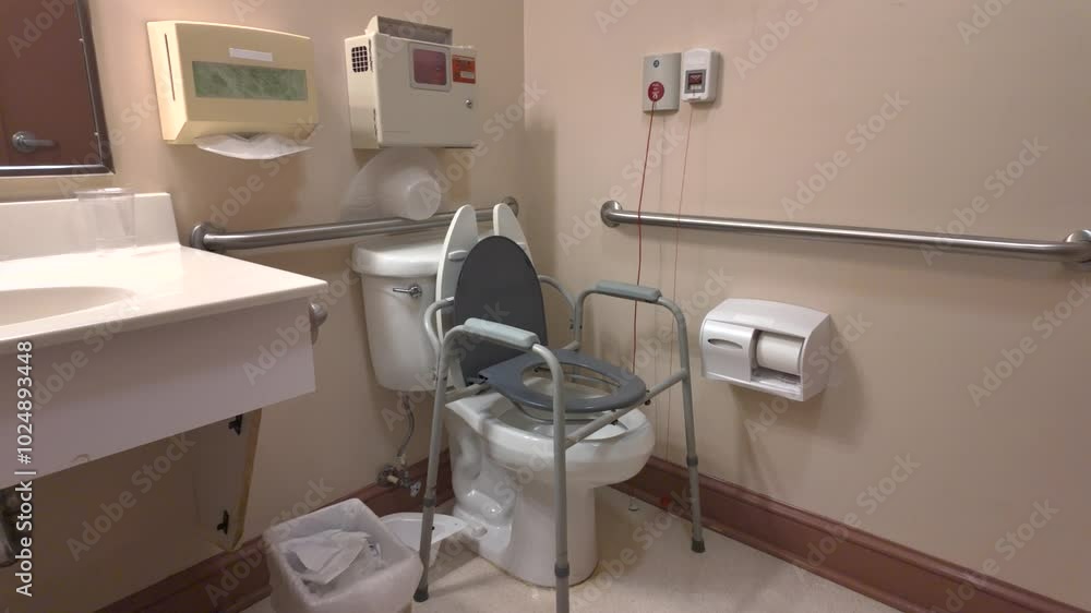 A bathroom with grab bars, a raised toilet seat, and an emergency pull cord, designed for accessibility and safety. A bathroom with grab bars, a raised toilet seat, and an emergency pull cord, designed for accessibility and safety.