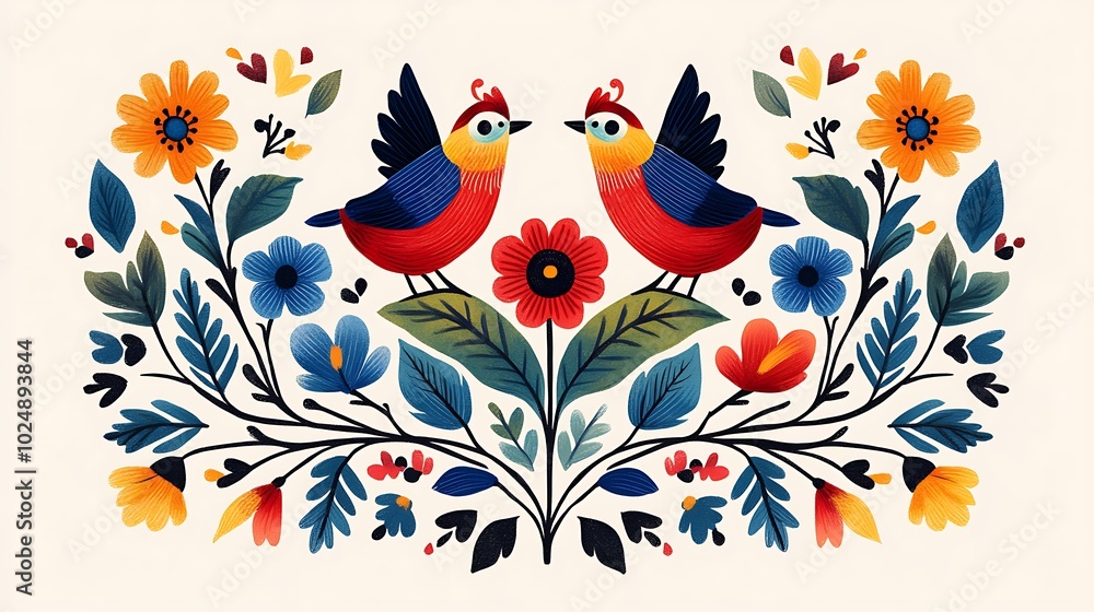 Fototapeta premium A Scandinavian folk art design with stylized birds, flowers, and leaves, arranged in a circular pattern, bold primary colors of red, blue, and green, intricate details with simple shapes,