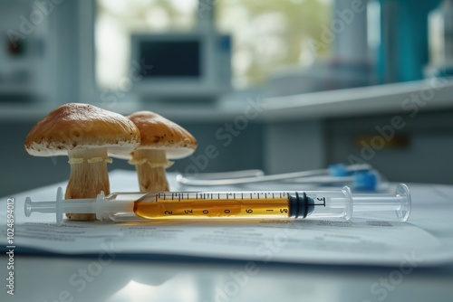 Mushrooms and Syringe on Laboratory Table photo