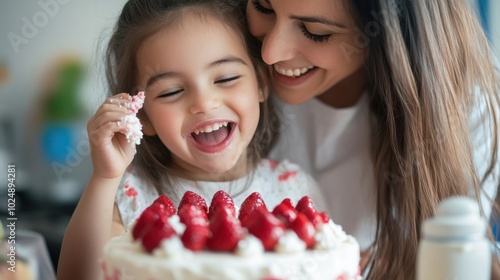 Happy girl tasting cake, enjoying baking time at home with her mom, minimal background focusing on their joyful moment.